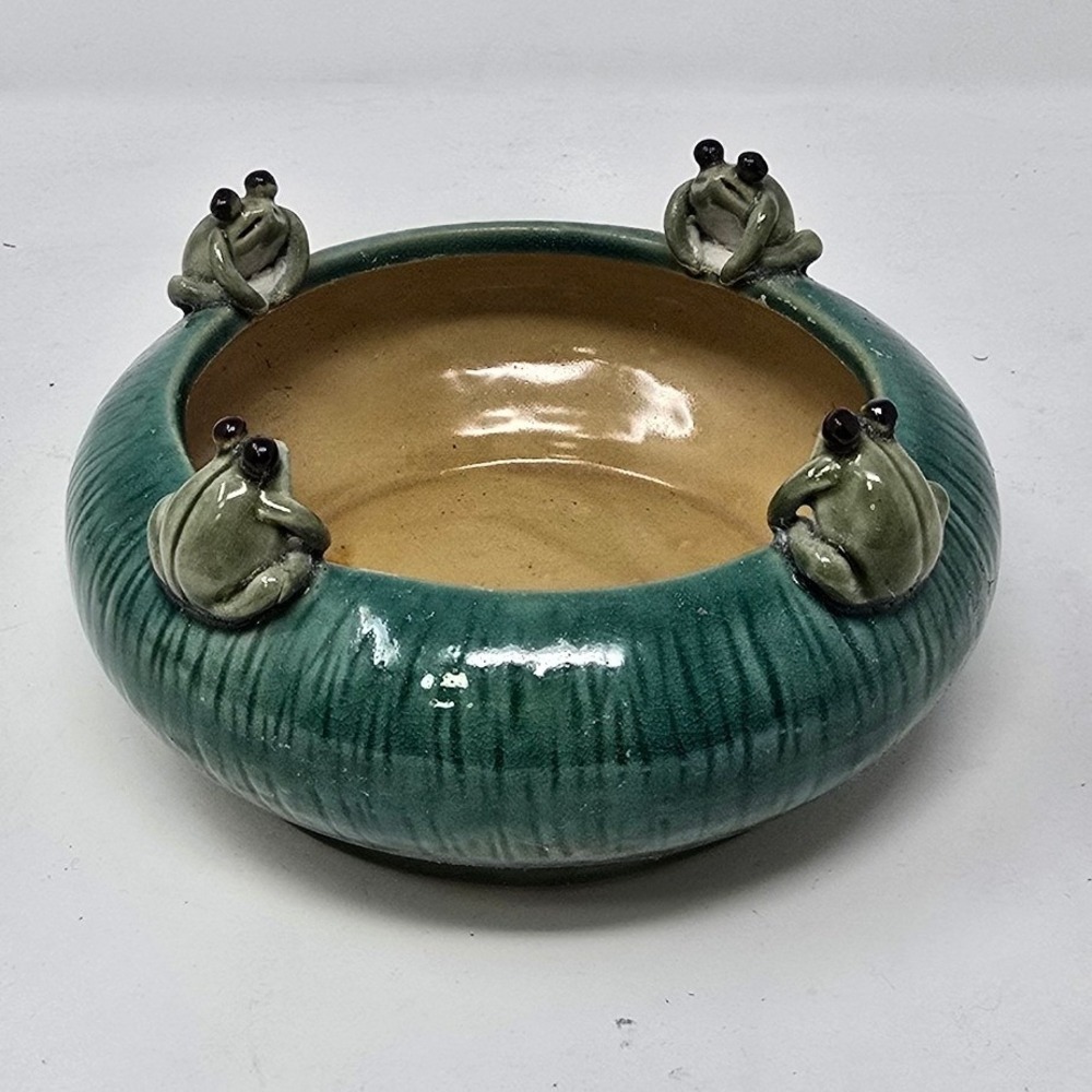 Vtg majolica glazed ceramic frog planter bowl whimsical garden Decor 4 Frogs
